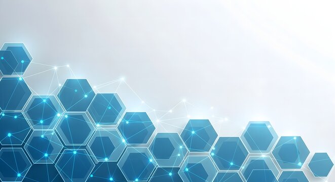 Digital background with a glowing blue hexagonal grid representing a futuristic communication network and data structure - Powered by Adobe