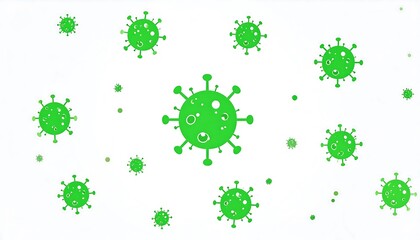 A vibrant, stylized pattern of numerous green virus-like shapes against a plain white background.
