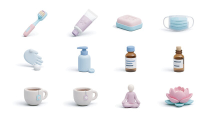 Obraz premium Collection of hygiene and wellness items arranged on a white surface representing selfcare and healthy lifestyle with a calm and peaceful mood.
