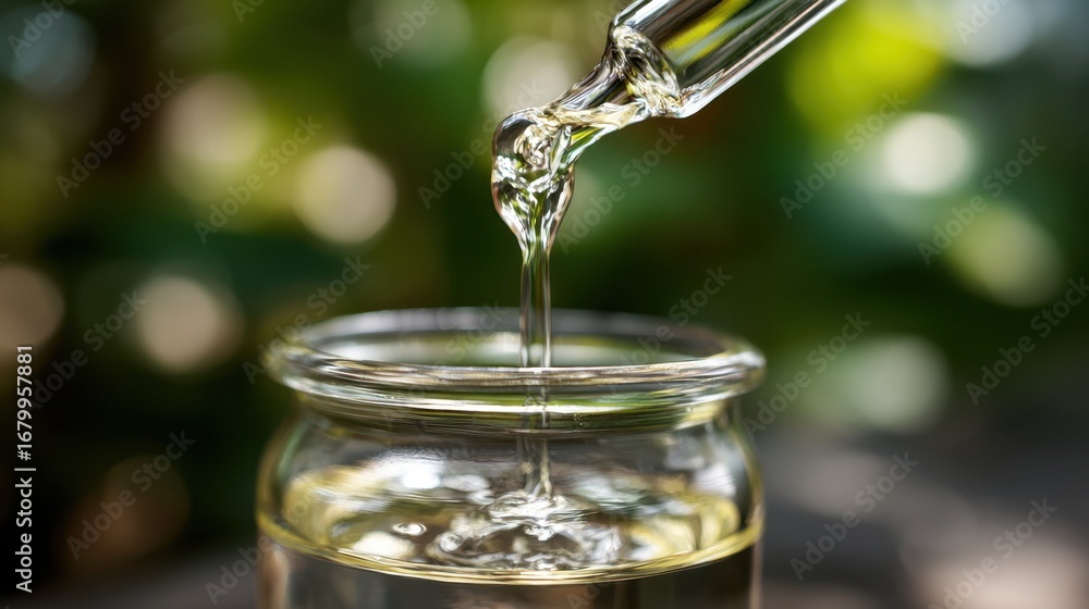 Aufkleber closeup of a waterbased solvent being poured into a glass container with the main liquid in sharp fo