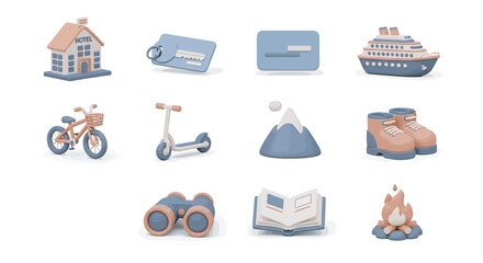 Clay figurines representing travel essentials arranged on a white surface, evoking a sense of adventure and wanderlust.