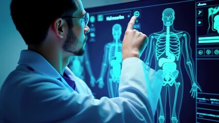 Medical professional analyzing digital X-ray images on a screen, showcasing human anatomy and health insights - Powered by Adobe