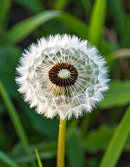 Close-up view of a dandelion seed head, showcasing its delicate, white, fluffy seeds radiating outwards from a central dark brown seed pod, set against a backdrop of out-of-focus green grass.