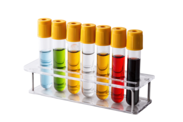 Colorful blood sample tubes in clear test tube rack