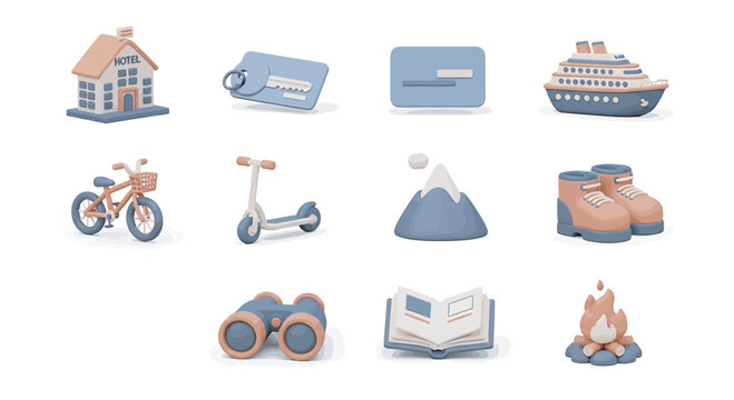 Clay figurines representing travel essentials arranged on a white surface, evoking a sense of adventure and wanderlust. - Powered by Adobe