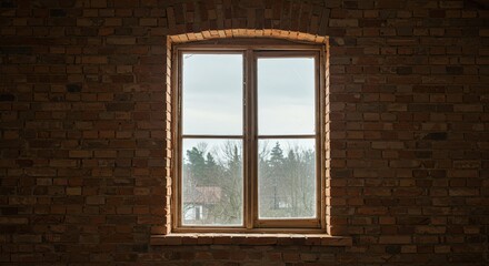 Window in brick wall with cloudy sky view