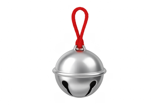 Silver Jingle Bell hanging with red string on transparent background