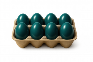 Eight shiny teal easter eggs nestled in a cardboard carton against a transparent background, creating a vibrant and festive image