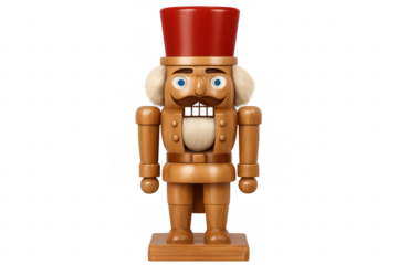Wooden nutcracker toy soldier standing on transparent background