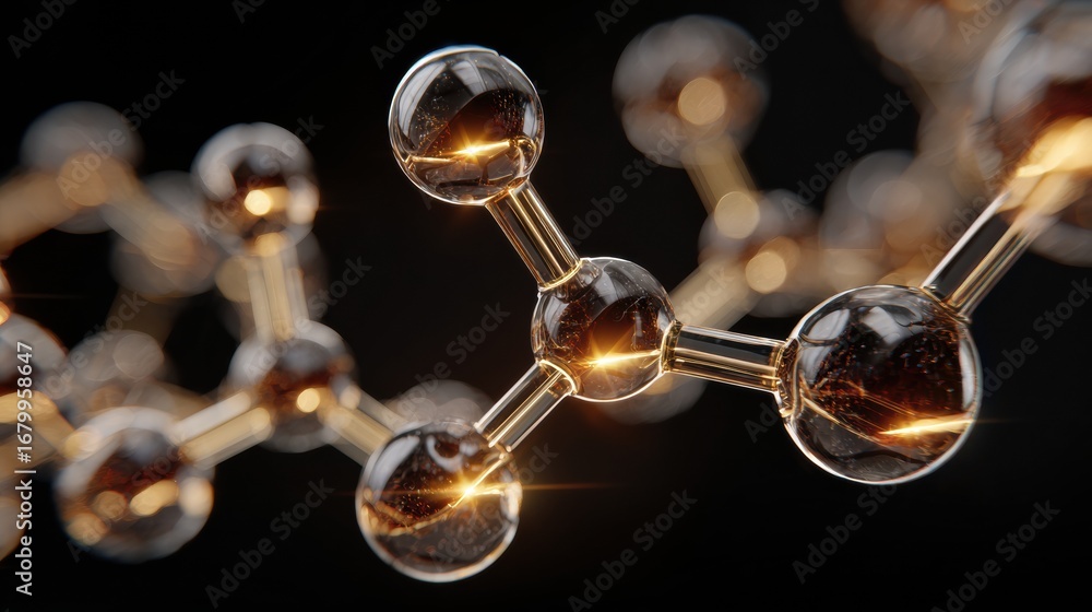 Poster close-up view of molecular structure showcasing intricate design and light reflections in a dark set