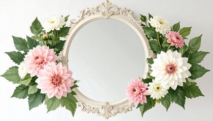 A delicate arrangement of pastel pink and white dahlias graces a vintage-style oval mirror, creating a soft and romantic aesthetic.
