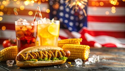 Patriotic hot dog and drinks on a dark wooden surface