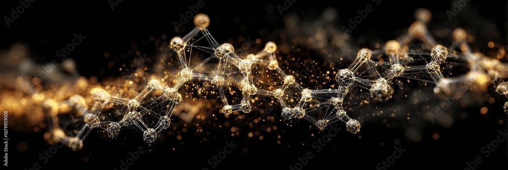 Poster molecular structure with shimmering particles in a dark background illustrating scientific concepts 