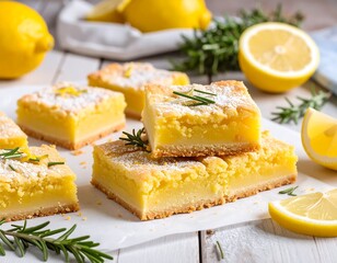 Delicious lemon bars, topped with powdered sugar and sprigs of fresh rosemary, arranged on a white surface.