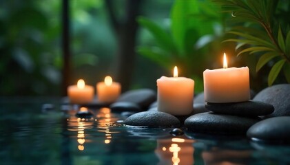 Relaxing spa ambiance featuring flickering candlelight, smooth stones, and lush greenery  Perfect for wellness, serenity, and self-care themes ,  luxury,  droplets