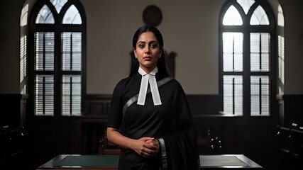 Confident Female Lawyer Standing Poised in a Traditional Courtroom, Representing Justice and Legal Authority