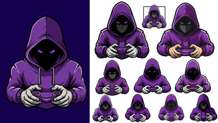 Purple Hood Shadow Gamer Logo Set – Esports Mascot with Hidden Face, Violet Eyes, and Controller Vector