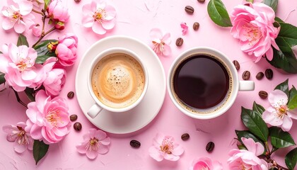 Two cups of coffee, one latte and one black, surrounded by delicate pink blossoms and coffee beans on a pastel pink surface, create a tranquil and inviting morning scene.