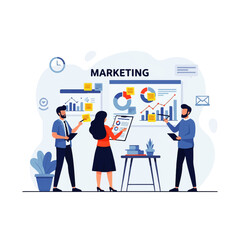 A collaborative marketing team analyzes data charts and graphs, brainstorming strategies in a modern office setting.