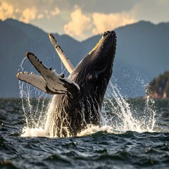 A majestic humpback whale breaches the surface, its powerful form rising dramatically against a backdrop of dramatic mountain ranges.