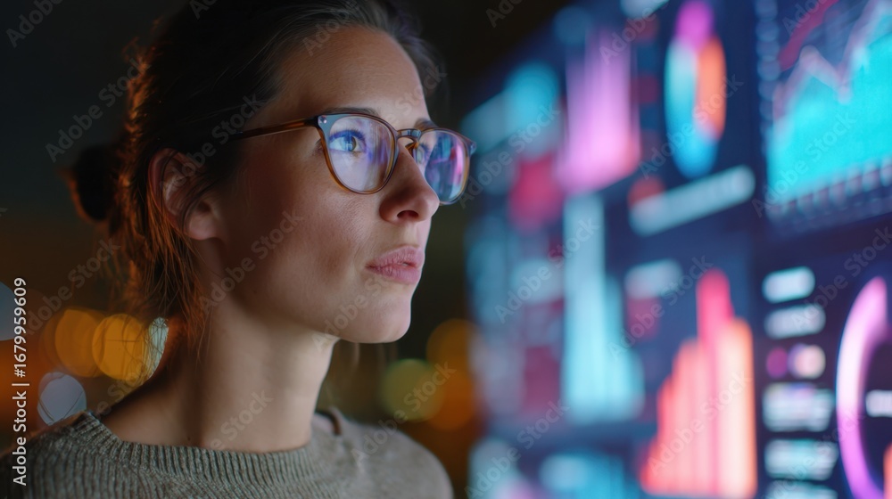 Poster medium shot of a data analyst reviewing aidriven predictive membership analytics on a computer scree