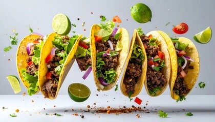 Delicious tacos with beef filling, vibrant toppings, and fresh lime slices, suspended in mid-air, creating a dynamic and appetizing visual display.