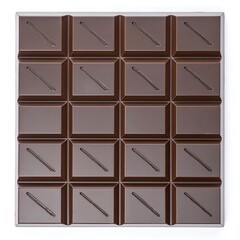 A dark chocolate bar, meticulously divided into squares, is displayed against a pure white backdrop.