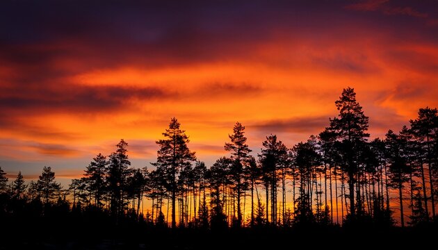a striking silhouette of pine trees against a vibrant orange and black gradient sky creating a dramatic and atmospheric forest scene - Powered by Adobe