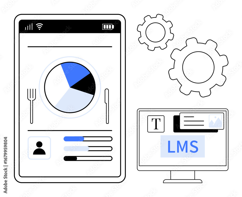 Aufkleber tablet with chart and user profile, desktop screen with lms interface, two gears. ideal for educatio
