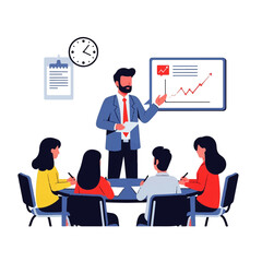 A confident businessman presents positive growth data to his attentive team during a productive office meeting.