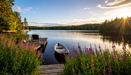 Serene Lakefront with Dock and Canoe at Sunset.