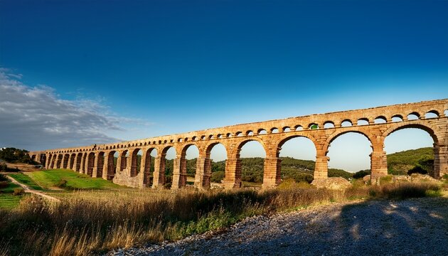 ancient stone aqueduct stands majestically against a bright clear sky