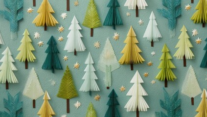 Pleated paper Christmas trees pattern on blue background