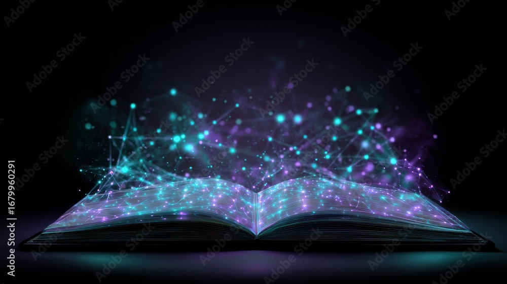 Aufkleber digital transformation of knowledge through an open book with glowing particles in a dark background