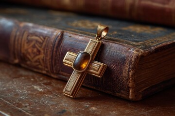 Golden cruciform pendant relic glass resting atop prayer books From a Rhineland bishops collection