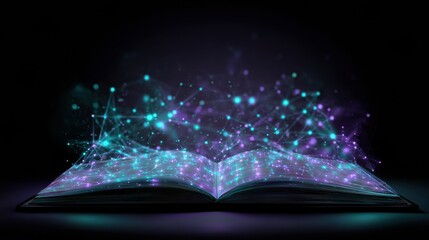 Digital Transformation of Knowledge Through an Open Book With Glowing Particles in a Dark Background
