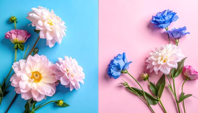 Delicate pastel pink and blue flowers arranged on contrasting light blue and pink backgrounds, showcasing a cheerful and elegant display.
