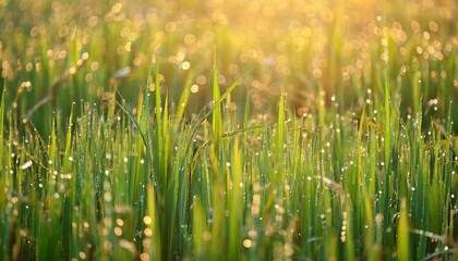 Obraz premium vibrant rice paddy in field with dew drops