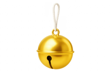 Golden Jingle Bell Hanging on White String with Transparent Background