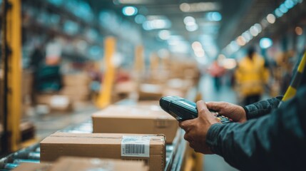Medium shot capturing a staff member scanning barcode labels on returned goods with the busy warehouse background softly out of focus to stress scanning accuracy.
