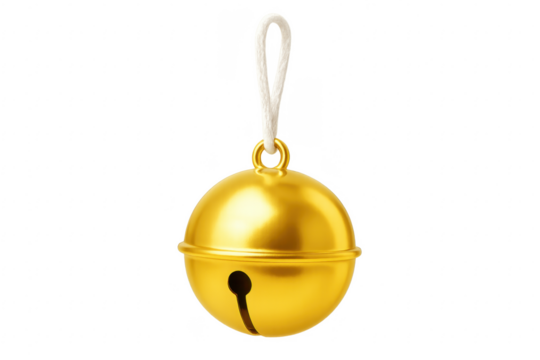 Golden Jingle Bell Hanging on White String with Transparent Background