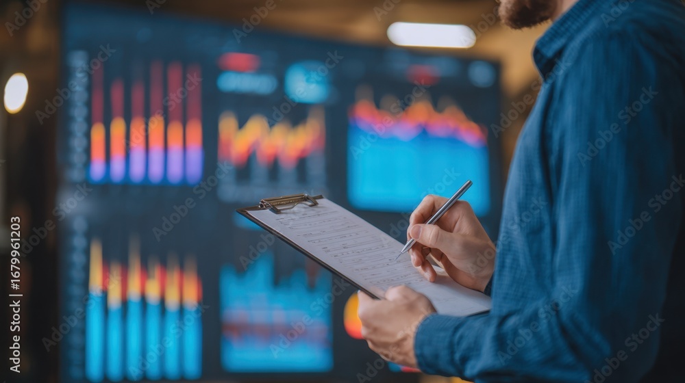 Poster medium shot of a focused worker taking notes on a clipboard while blurred charts and colorful dashbo