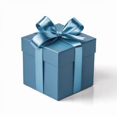 A beautifully wrapped teal blue gift box tied with a satin ribbon bow