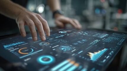 Medium shot capturing a specialist curating emissions factors on a large touchscreen interface emphasizing focused hands and blurred technical graphs behind.