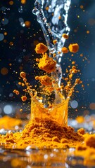 Vibrant turmeric powder explodes in a dynamic water splash, showcasing a rich golden hue against a dark background.