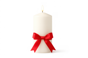 Burning white candle with red ribbon on transparent background
