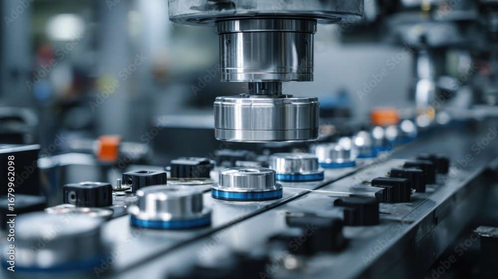 Poster Medium shot of an automated optical quality control system scanning lenses for defects with the sharp focus on the conveyor belt and tools leaving the surrounding area out of