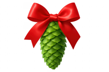 Green pine cone with red bow on transparent background
