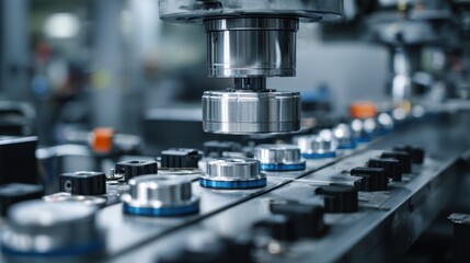 Medium shot of an automated optical quality control system scanning lenses for defects with the sharp focus on the conveyor belt and tools leaving the surrounding area out of