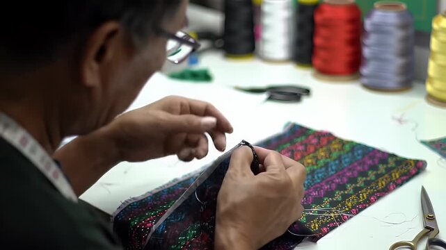 Skilled Person Sewing Colorful Intricate Patterned Fabric at a Sewing Station
